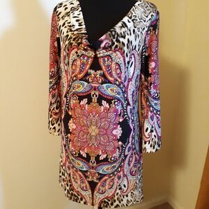 Womens Shift Dress Small Sunny Leigh Multicolored Draped Neckline Long Sleeve